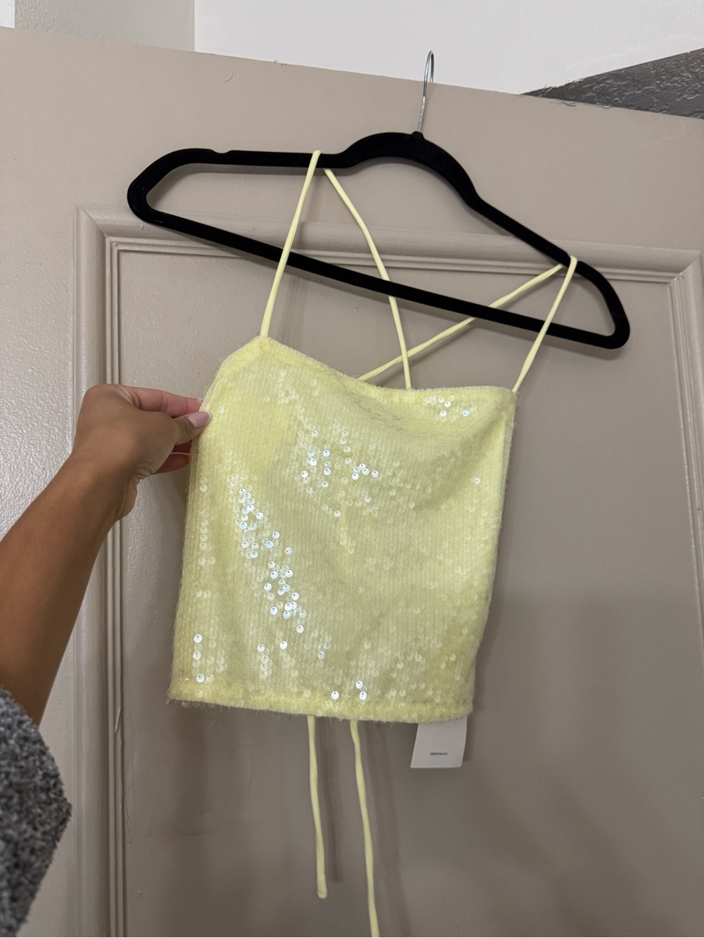 Peppermayo nostalgia nights Yellow Sequin Spaghetti Strap Crop Top